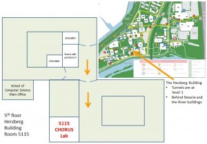 Herzberg building and campus map showing the location of the lab