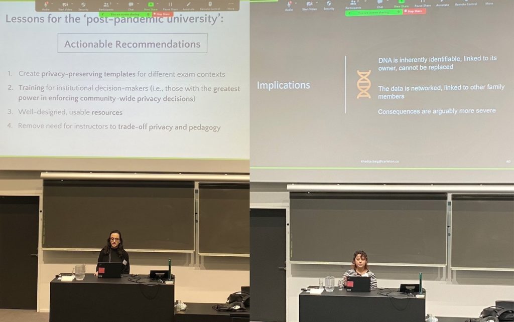 Two side-by-side images, each showing a presenter standing at a podium with slides projected behind, presenting at EuroUSEC 2023.  Kazma is on the left, Khadija is on the right.
